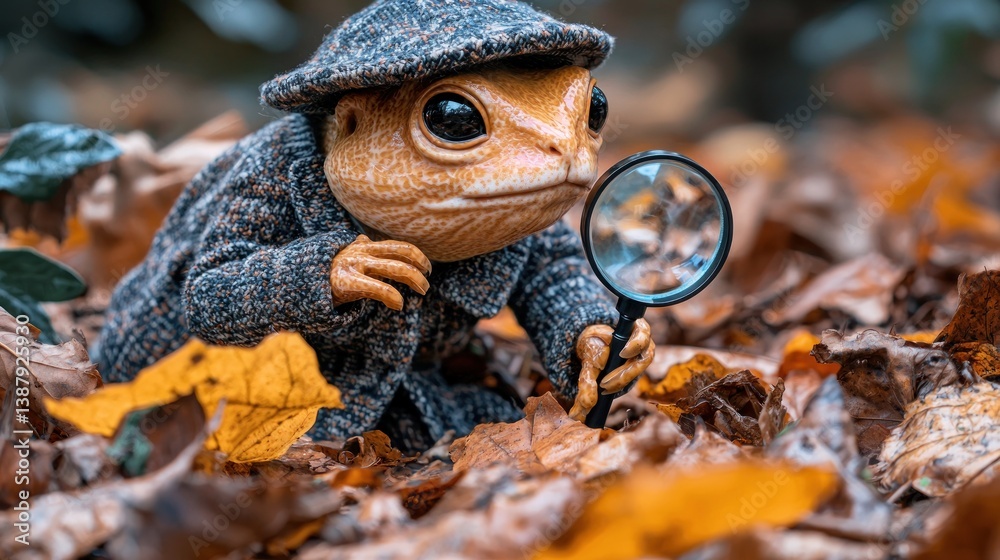 Frog detective examines autumn leaves Frog detective examines autumn leaves