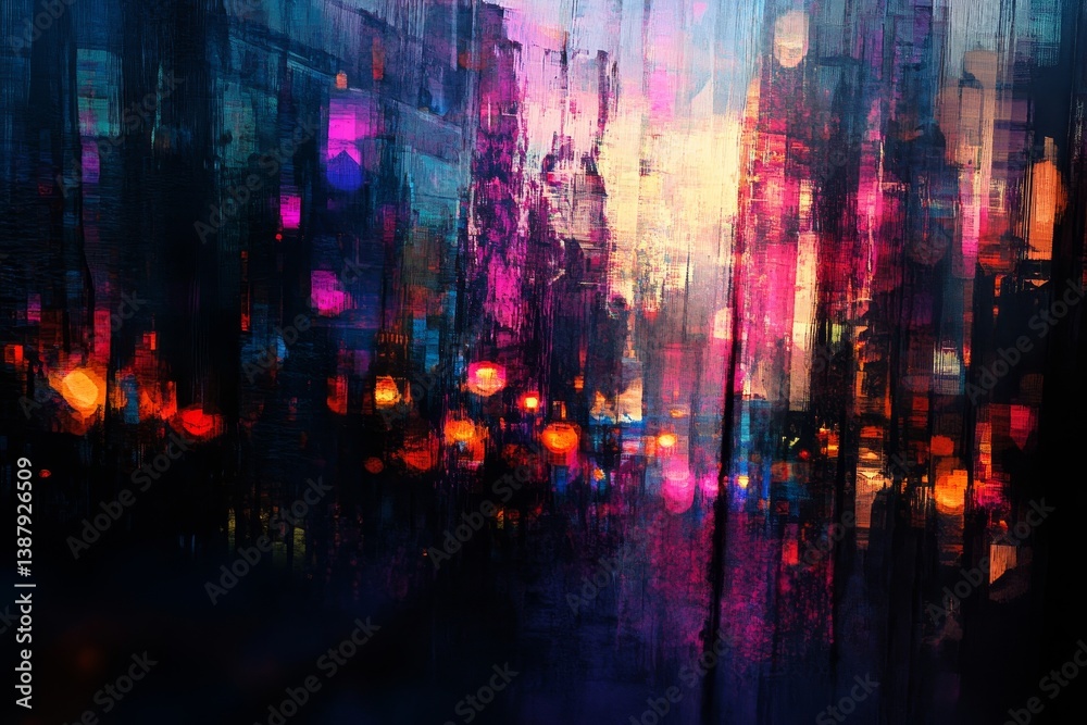 Fototapeta premium Night City Glow Abstract Urban Landscape - Vibrant city at night, depicted with abstract brushstrokes. Symbolizes urban energy, nightlife, modern life, technological advancement
