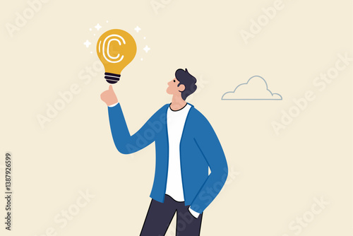 Copyright reserved, trademark intellectual property protection, original idea or innovation, legal or law protection registered concept, businessman holding light bulb idea with copyright symbol.