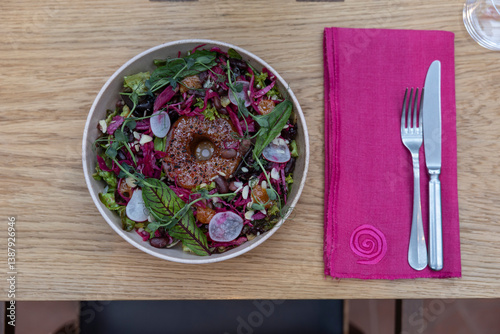 specially prepared salad served, fine dining