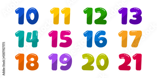 Cartoon number from ten to twenty one, cute kid math font, school funny 10 to 21 letter, alphabet colorful bubble, children education figure set isolated on white background. Learn vector illustration