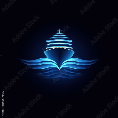 Stylized blue cruise ship illustration on dark background with flowing waves highlighting maritime elegance and modern design