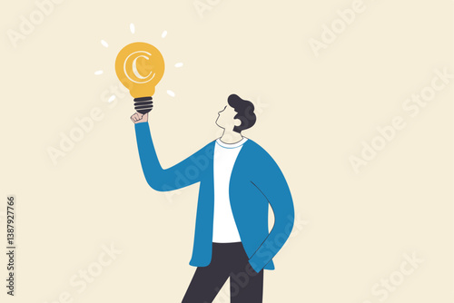 Copyright reserved, trademark intellectual property protection, original idea or innovation, legal or law protection registered concept, businessman holding light bulb idea with copyright symbol.