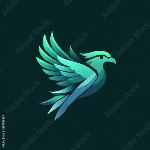 Colorful bird logo soaring against a dark background with stylized wings and a modern design in green hues
