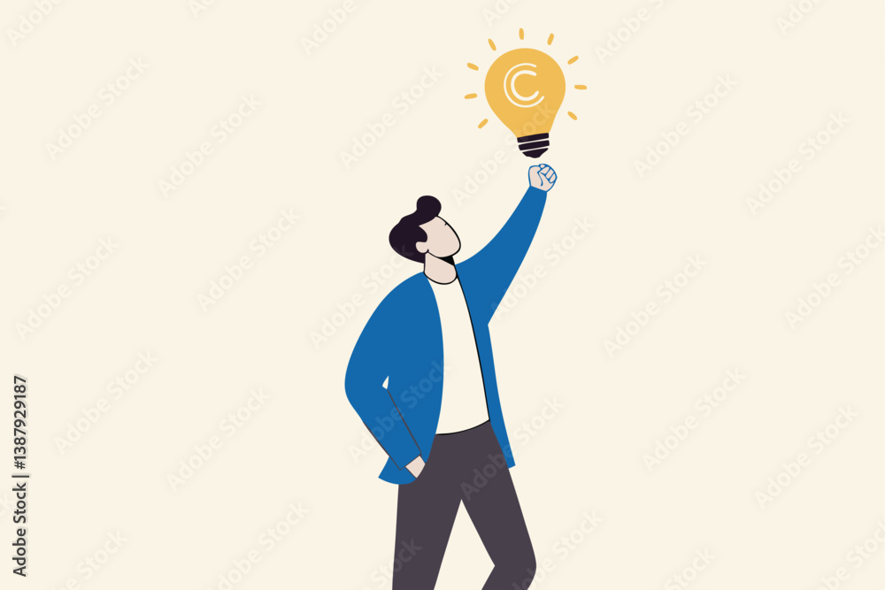 Copyright reserved, trademark intellectual property protection, original idea or innovation, legal or law protection registered concept, businessman holding light bulb idea with copyright symbol. Copyright reserved, trademark intellectual property protection, original idea or innovation, legal or law protection registered concept, businessman holding light bulb idea with copyright symbol.