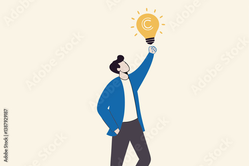 Copyright reserved, trademark intellectual property protection, original idea or innovation, legal or law protection registered concept, businessman holding light bulb idea with copyright symbol.