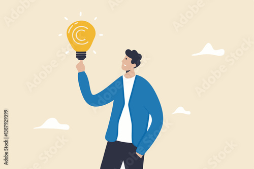 Copyright reserved, trademark intellectual property protection, original idea or innovation, legal or law protection registered concept, businessman holding light bulb idea with copyright symbol.