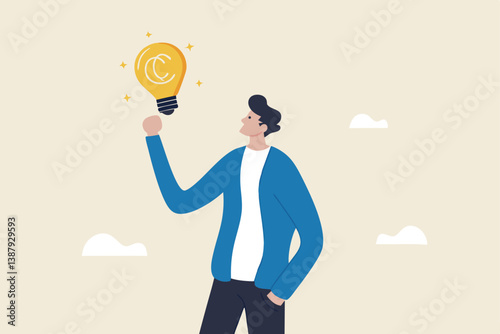 Copyright reserved, trademark intellectual property protection, original idea or innovation, legal or law protection registered concept, businessman holding light bulb idea with copyright symbol.
