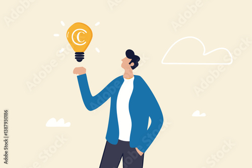 Copyright reserved, trademark intellectual property protection, original idea or innovation, legal or law protection registered concept, businessman holding light bulb idea with copyright symbol.