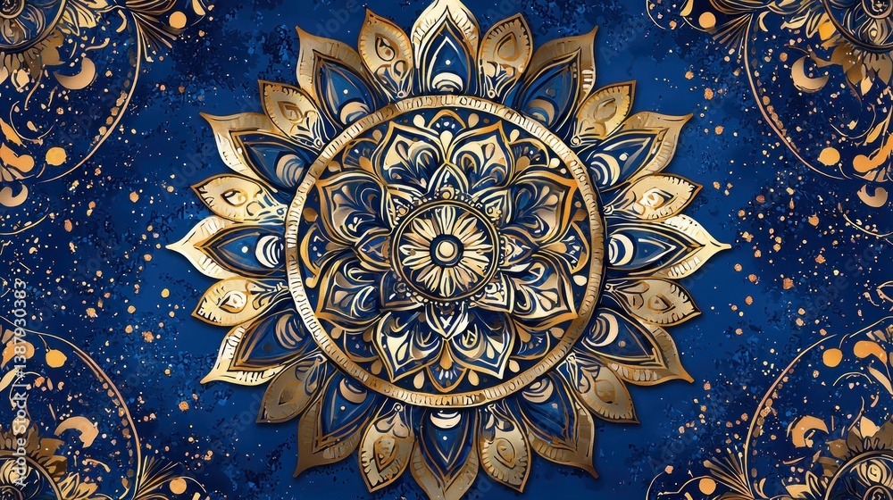 Obraz premium Ornate mandala design, deep blue backdrop