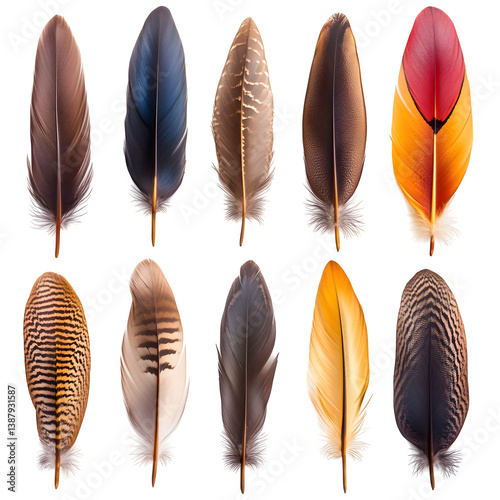Collection of rare bird feathers isolated on white background