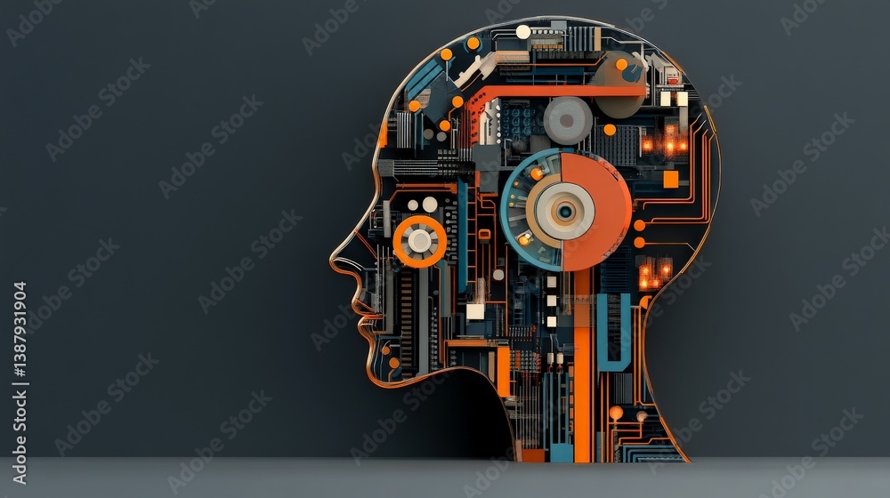 Naklejka premium Abstract Digital Human Head with Circuit Board and Technology Design