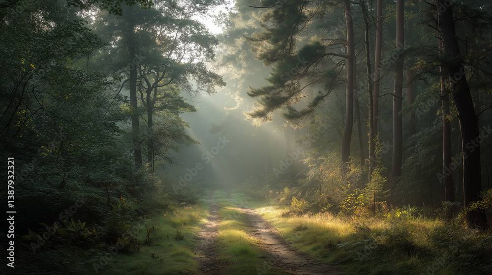 Fototapeta premium peaceful forest path in early morning light