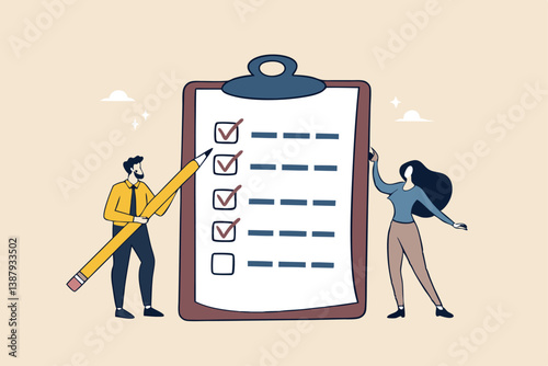 Task checklist, clipboard with to do list checkmark, task management to track work completion, accomplishment, survey or questionnaire concept, business people with pencil and checklist clipboard.