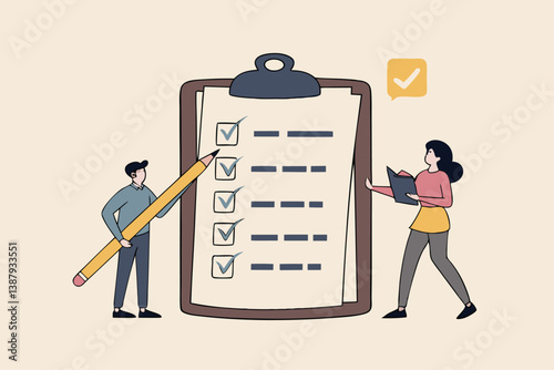 Task checklist, clipboard with to do list checkmark, task management to track work completion, accomplishment, survey or questionnaire concept, business people with pencil and checklist clipboard.