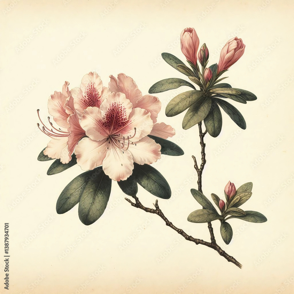A watercolor vintage botanical illustration of an Azalea plant with a stem and leaves. The flowers have a high level of detail. The background is a light beige color with a texture