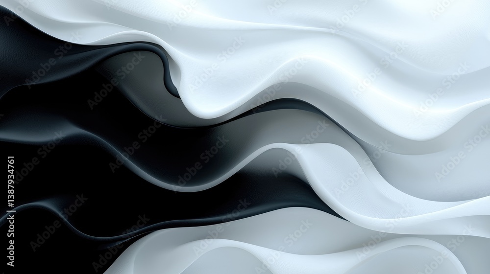 Fototapeta premium Abstract black and white flowing fabric design. Fluid, elegant curves intertwine in a dynamic visual display of contrasting colors