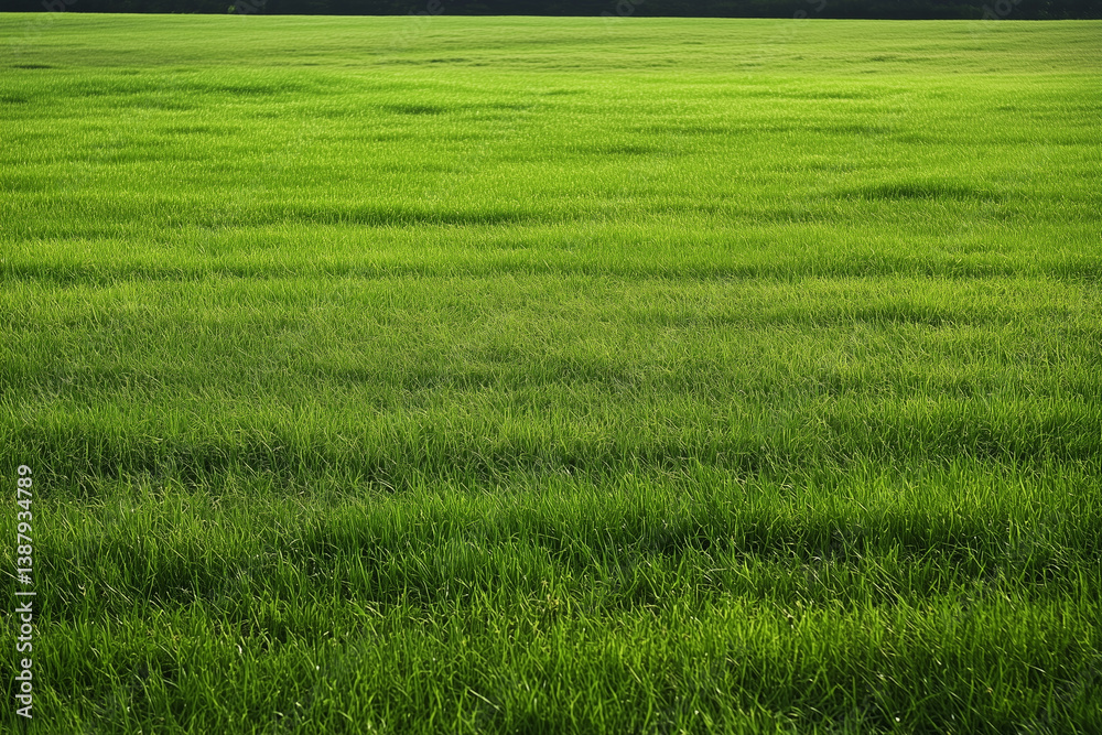 Fototapeta premium large field of grass is green and lush. The grass is cut short and the field is empty