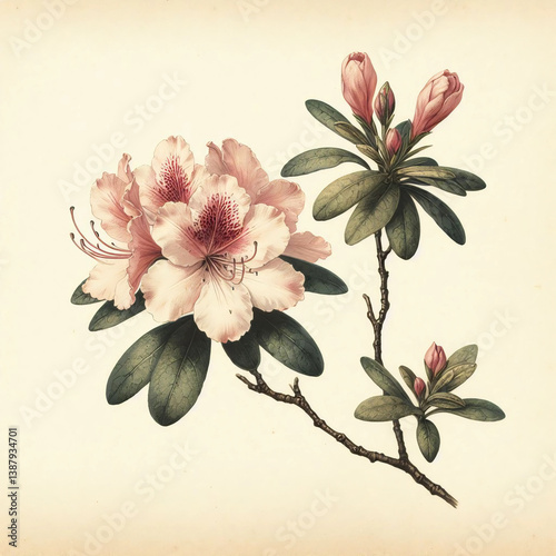 Obraz na płótnie A watercolor vintage botanical illustration of an Azalea plant with a stem and leaves. The flowers have a high level of detail. The background is a light beige color with a texture w salonie