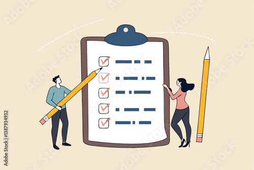 Task checklist, clipboard with to do list checkmark, task management to track work completion, accomplishment, survey or questionnaire concept, business people with pencil and checklist clipboard.