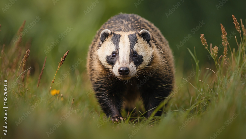 European Badger foraging in Grass, Highlighting Wildlife in Nature European Badger foraging in Grass, Highlighting Wildlife in Nature