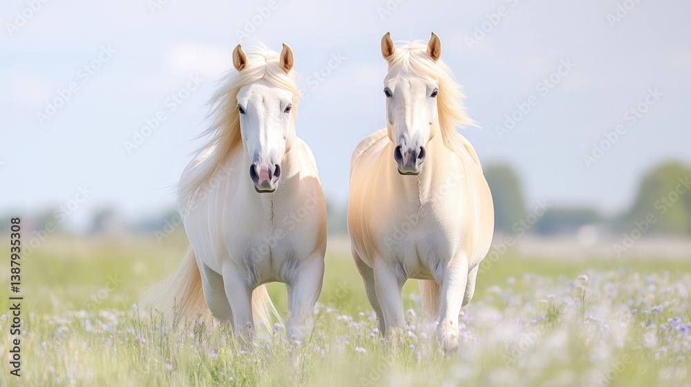 Obraz premium Two beautiful, light-cream colored horses in a field of wildflowers, running towards the camera. Soft, natural light and a dreamy atmosphere