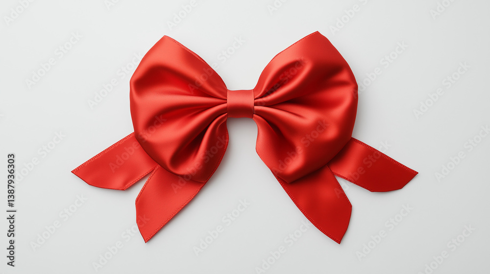 Fototapeta premium Holiday background with red satin bow on white backdrop