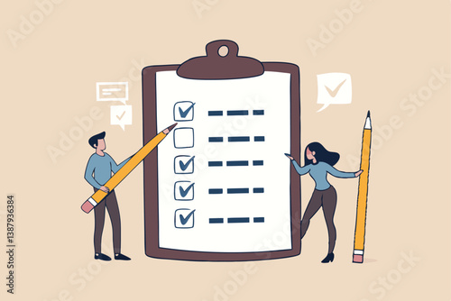 Task checklist, clipboard with to do list checkmark, task management to track work completion, accomplishment, survey or questionnaire concept, business people with pencil and checklist clipboard.