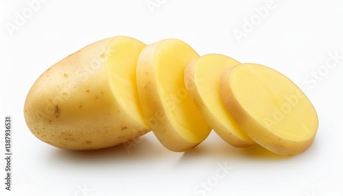 sliced raw potato on white background