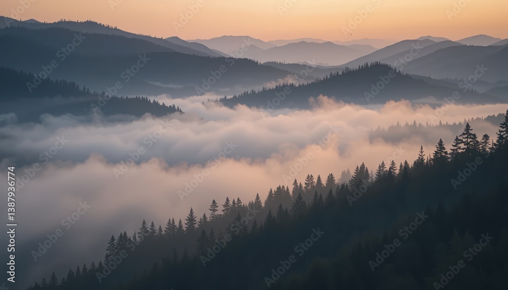 Fototapeta premium Glorious sunrise over misty mountain landscape nature photography tranquil environment aerial view serenity concept