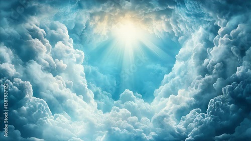 Sunlight beams through dramatic fluffy clouds in a wide sky view, with golden rays breaking through soft blue layers of mist and vapor. Concept of divine light and celestial beauty