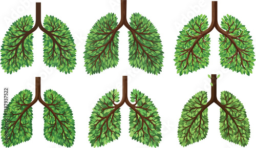 Set of lungs made of tree branches and leaves on white background. World Environment Day