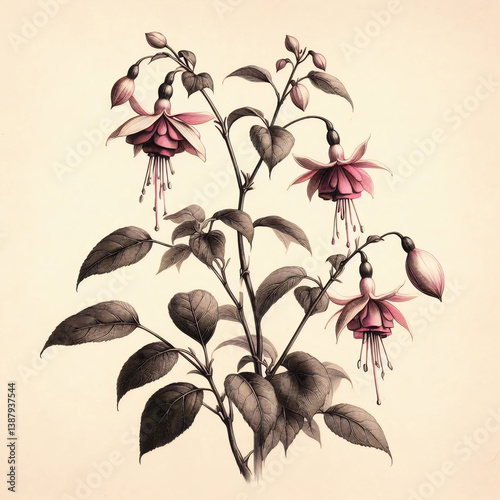 A watercolor vintage botanical illustration of a Fuchsia plant with a stem and leaves. The flowers have a high level of detail. The background is a light beige color with a texture