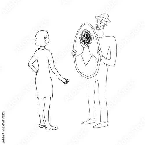 Vector line art showing gaslighting in a relationship: man holding a mirror where a woman’s reflection reveals a tangled mind, symbolizing psychological abuse and emotional confusion.