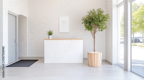 A minimalist reception area features a clean white counter, complemented by a small potted plant and a larger potted tree. The space is bright and airy with natural light entering through a large win