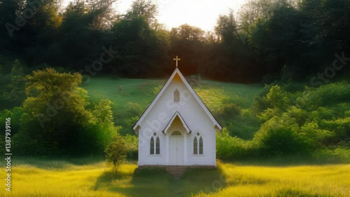 White chapel in a foggy forest with golden morning sunlight streaming through trees creating a heavenly atmosphere