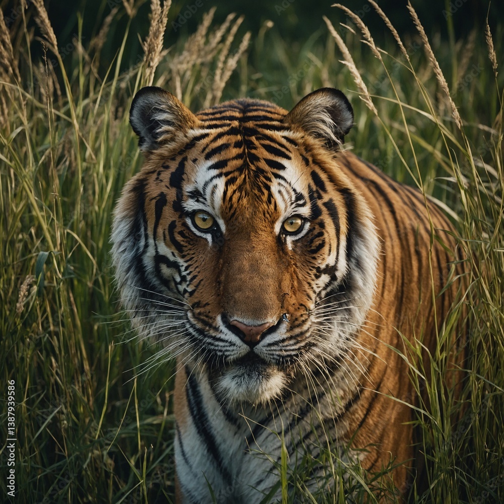 Fototapeta premium A tiger padding silently through tall grass, each step slow and powerful, golden eyes fixed on something in the distance