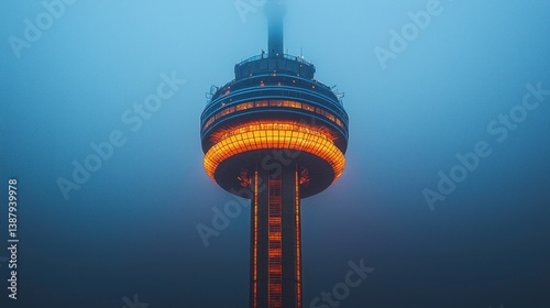 Illuminated tower in soft mist