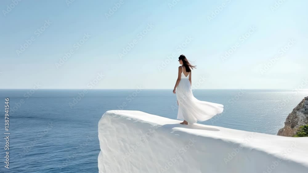 A captivating daytime image of a Greek village showcases the island whitewashed architecture where a woman is walking by in a white thin dress.