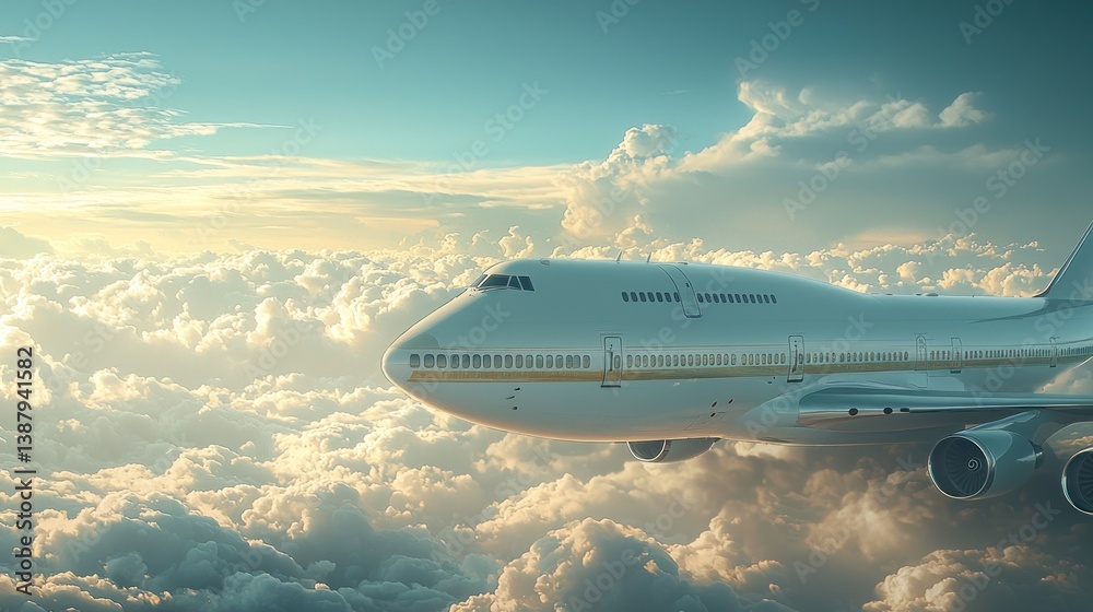 Fototapeta premium Airplane soaring above clouds at sunrise