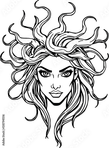 Outline gorgon vector illustration. Mythical snake-haired creature in minimalist line art.