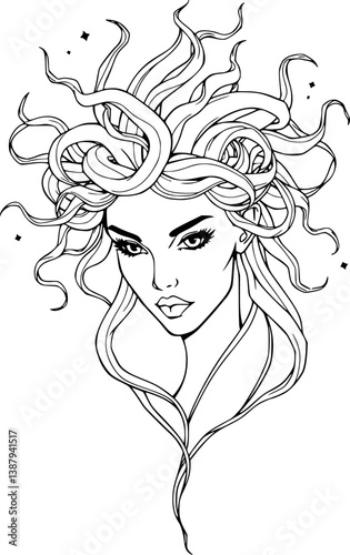 Outline gorgon vector illustration. Mythical snake-haired creature in minimalist line art.