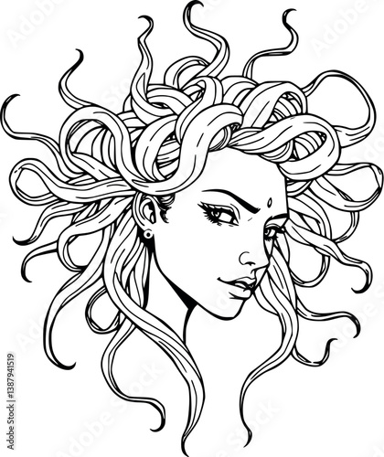 Outline gorgon vector illustration. Mythical snake-haired creature in minimalist line art.