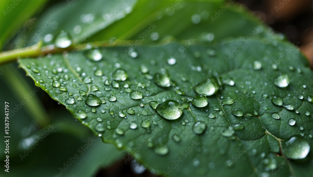 Macro Close-Up of Water Drops on a Green Leaf, Capturing Nature's Essence Macro Close-Up of Water Drops on a Green Leaf, Capturing Nature's Essence