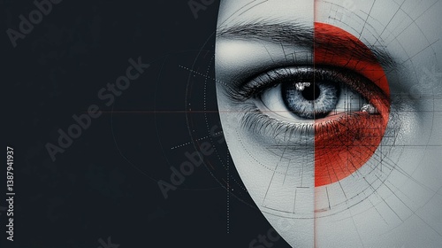 Close-Up View of an Eye with Abstract Digital Elements and Red Circle