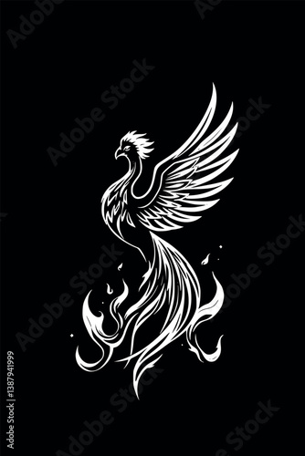 Outline phoenix vector illustration. Monochrome mythical firebird in elegant line art.