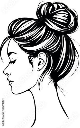 High bun with loose strands in outline style. Casual and stylish vector illustration.