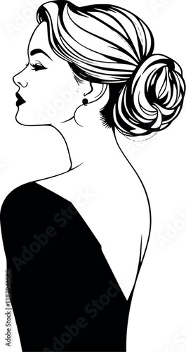 Elegant updo hairstyle woman in outline style. Sophisticated vector design.
