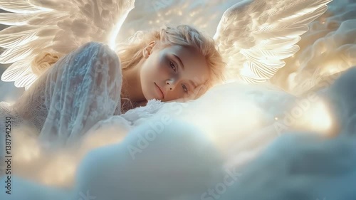 Beautiful angel woman with glowing wings resting on soft clouds slowly opening her eyes in ethereal heavenly light