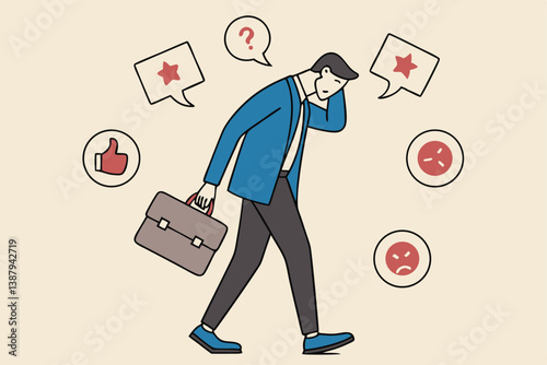 Response to negative feedback, dislike or bad customer review rating, handle complaint, business mistake or problem, satisfaction or angry opinion concept, businessman response to negative feedback.